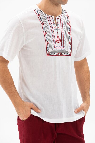 Eliş Şile Bezi Короткий рукав, шиле тканина, велосипедний комір, морський стиль, чоловічий літній футболка, білий Byz