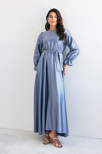 VAVİNOR Baby Blue Liza Satin Dress - Belted