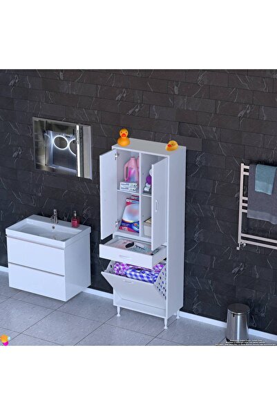 Modilayn YENİ AFRA 55x173x32,5 cm' lik 1 Çekmece, 1 Göz Sepet, 2 Kapak, 4 Raf Banyo Dolabı