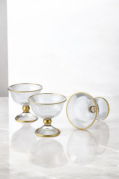Wow Home Gold Gilded 6-Piece Footed Glass Bowl Set Pudding Magnolia Ice Cream Bowl Presentation Bowl