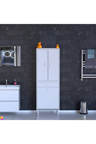 Modilayn YENİ AFRA 55x173x32,5 cm' lik 1 Çekmece, 1 Göz Sepet, 2 Kapak, 4 Raf Banyo Dolabı