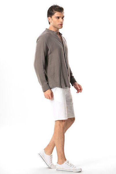 Eliş Şile Bezi Gray Gray Long Sleeve Judge Collar Men's Muslin Summer Shirt