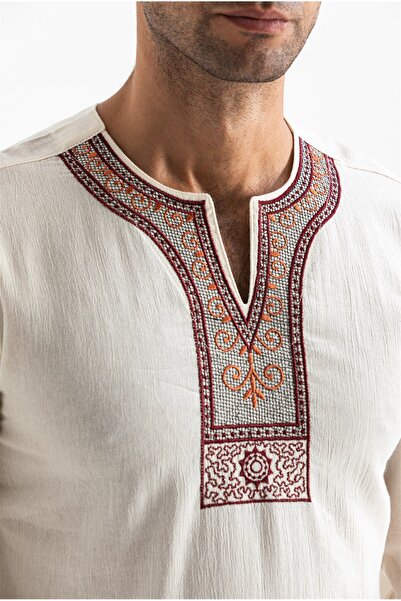 Eliş Şile Bezi Μακρυμάνικο ύφασμα Sile Crew Neck Ethnic Ανδρικό καλοκαιρινό μπλουζάκι Κρεμ χρώμα
