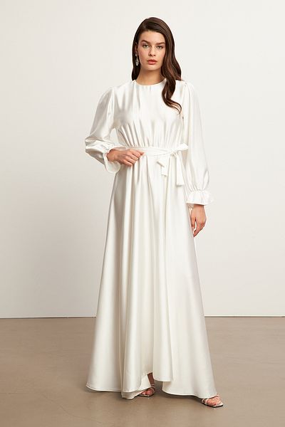 VAVİNOR Liza Belted Satin Dress - Ecru