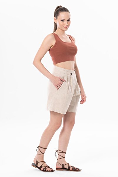 Eliş Şile Bezi Bitez Linen Buttoned Summer Shorts Cream Cream