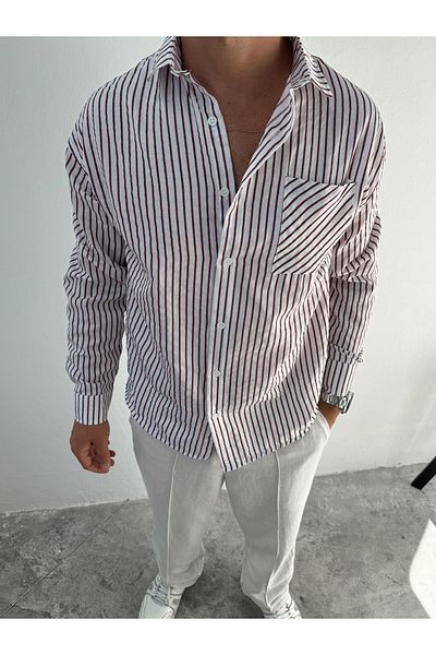 King Brothers Λευκό Claret Red ριγέ πουκάμισο oversize - με τσέπες και κουμπιά