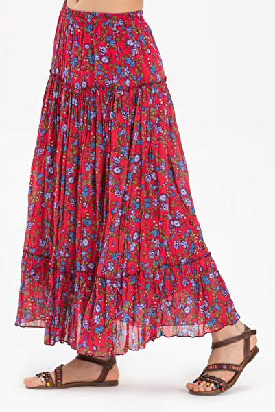 Eliş Şile Bezi Buse Voile Long Summer Skirt Bud Pattern Red 6164