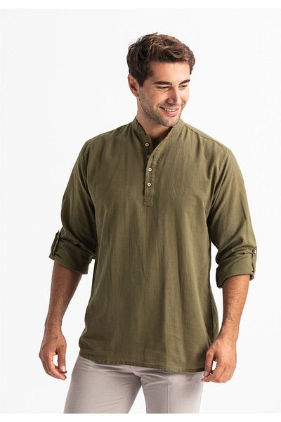 Eliş Şile Bezi Μακρυμάνικο Şile Πανί Bodrum Ανδρικό T-shirt Απλό Χακί 9004