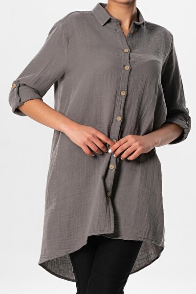 Eliş Şile Bezi Long Foldable Sleeve Sedan Shirt Collar Summer Muslin Tunic Gray Gray