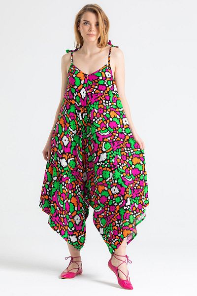 Eliş Şile Bezi Strappy Voile Selin Summer Jumpsuit Abstract Black Syt Syh