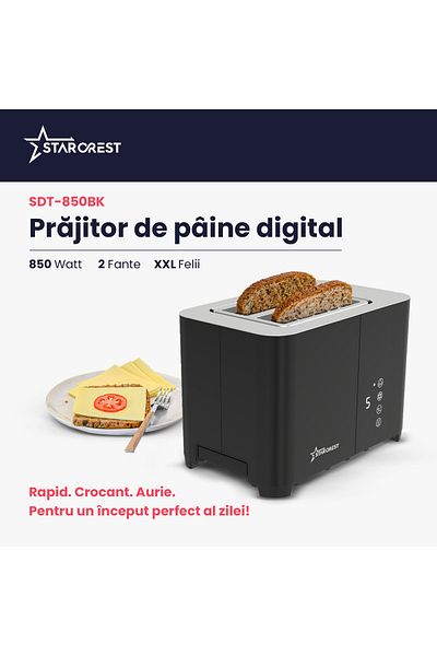 STARCREST Prajitor de paine digital STARCREST SDT-850BLK, 850 W, 2 felii, Display Led Touch, 4 Functii, Negru