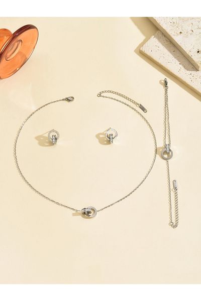 Choice Silver Roman Fashion Double Ring Necklace Bracelet Earring Set Women's Jewelry