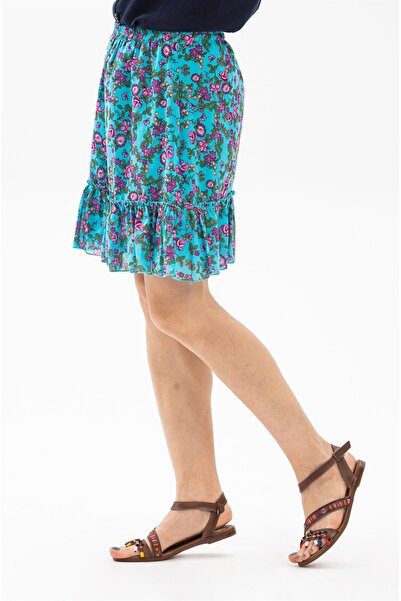 Eliş Şile Bezi Buse Voile Short Summer Skirt Bud Pattern Turquoise 6167
