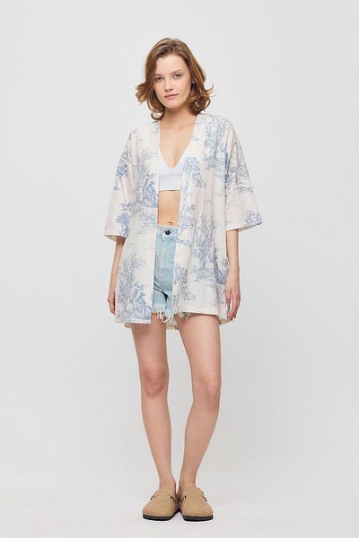 Rays Kimono cu mânecă scurtă florală - Albastru