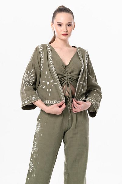 Eliş Şile Bezi Sleeveless Daylight Embroidered Summer Muslin Vest Khaki Hk