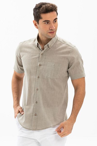 Eliş Şile Bezi Κοντό μανίκι Slim Fit Sile Πανί Μονή Τσέπη Ανδρικό Καλοκαιρινό Πουκάμισο Stone 3031