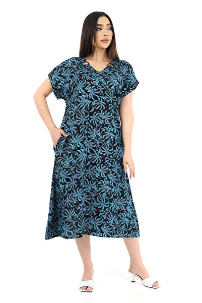 SCHIK Women's Viscose Half Sleeve V-Neck Dress with Ring Pockets Petrol Blue