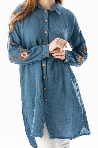 Eliş Şile Bezi Long Sleeve Deck Shirt Collar Summer Muslin Tunic Indigo indg