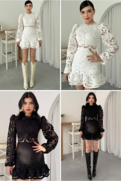 gülcanla moda Beyaz Güpürlü Mini Elbise