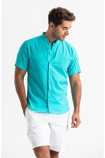Eliş Şile Bezi Short Sleeve Slub Cotton Bodrum Summer Men's Shirt Turquoise 3054