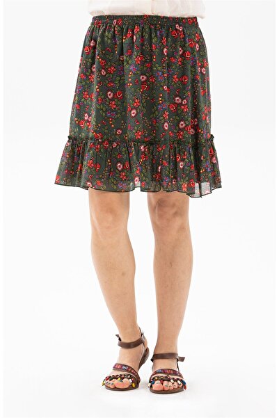 Eliş Şile Bezi Buse Vual Коротка літня спідниця з візерунком бутонів, зелена 6170