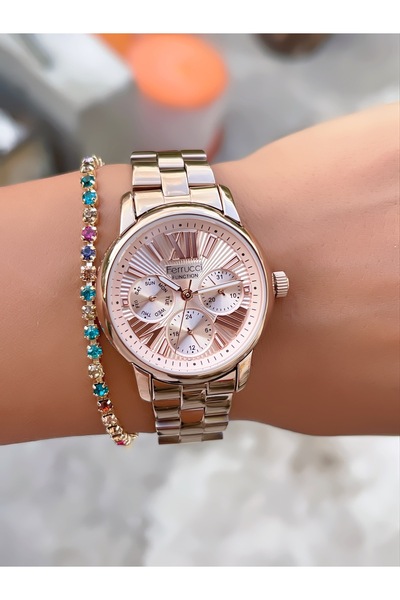 Ferrucci ÇELİK KORDON FONKSİYONLU 3 ATM SU GEÇİRMEZ KADIN KOL SAATİ+BİLEKLİK HEDİYELİ