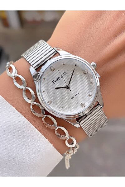 Ferrucci ساعة يد نسائية وسوار هدية - حبل شبكي من الفولاذ