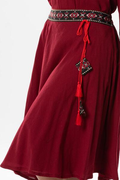 Eliş Şile Bezi Talya Sile Cloth Tassel Detail Embroidered Midi Length Summer Skirt Claret Red Brd