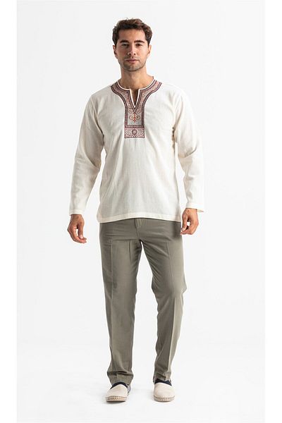 Eliş Şile Bezi Μακρυμάνικο ύφασμα Sile Crew Neck Ethnic Ανδρικό καλοκαιρινό μπλουζάκι Κρεμ χρώμα