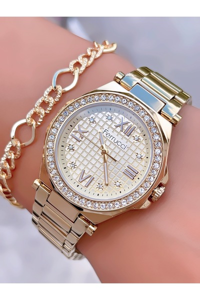 Ferrucci ÇELİK KORDON TAŞ MOTİFLİ ÖZEL TASARIM 3 ATM SU GEÇİRMEZ KADIN KOL SAATİ+BİLEKLİK HEDİYELİ