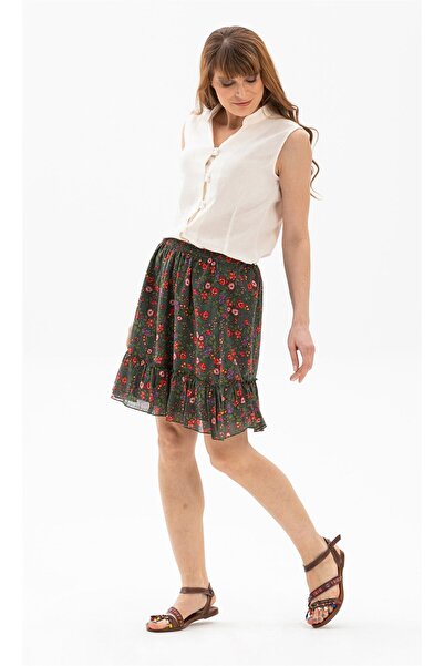 Eliş Şile Bezi Buse Vual Коротка літня спідниця з візерунком бутонів, зелена 6170