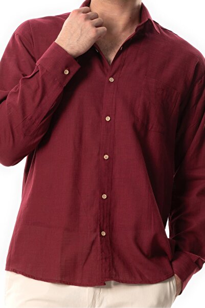 Eliş Şile Bezi Long Sleeve Şile Cloth Single Pocket Men's Summer Shirt Dark Claret Red 3068