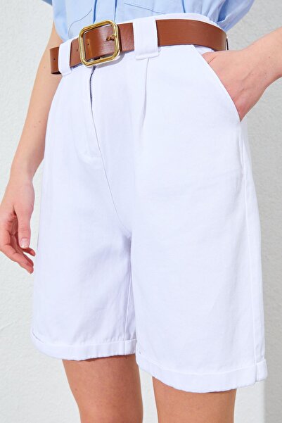 TENA Women's White High Waist Belted Gabardine Shorts