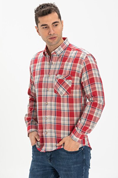 Eliş Şile Bezi Long Sleeve Narrow Fit Şile Cloth Single Pocket Men's Summer Shirt Red Navy Blue Plaid 3057