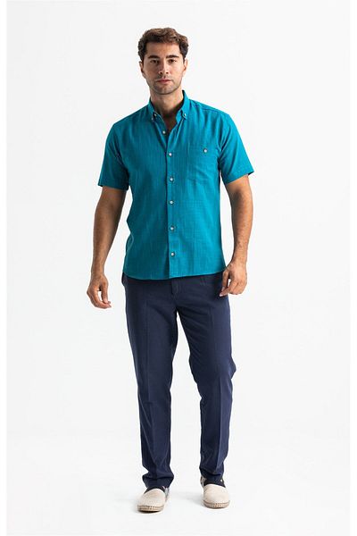 Eliş Şile Bezi Κοντό μανίκι Slim Fit Sile ύφασμα μονή τσέπη Ανδρικό καλοκαιρινό πουκάμισο Petrol 3053
