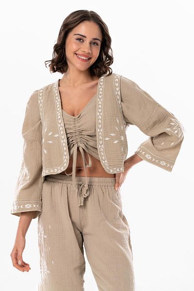 Eliş Şile Bezi Sleeveless Daylight Embroidered Summer Muslin Vest Mink Vzn