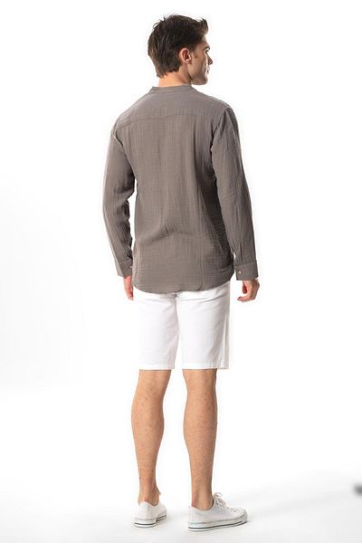 Eliş Şile Bezi Gray Gray Long Sleeve Judge Collar Men's Muslin Summer Shirt