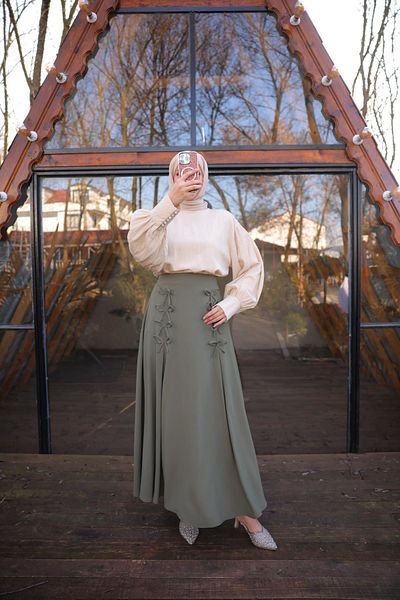 Nissra Ankanoor Light Khaki Bow Linen Skirt Anka 257554