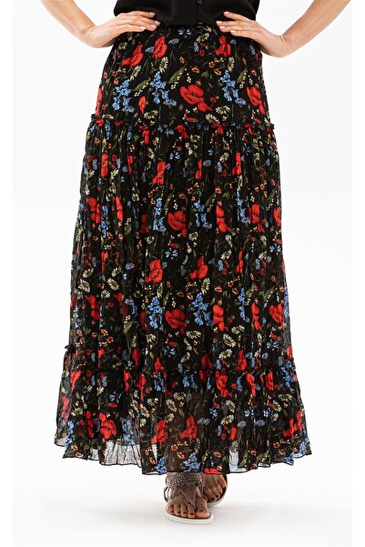 Eliş Şile Bezi Buse Voile Μακριά Καλοκαιρινή Φούστα Παπαρούνα Μοτίβο Κόκκινη ...