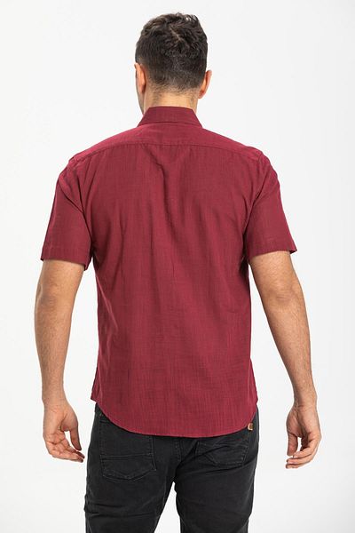 Eliş Şile Bezi Κοντό μανίκι Slim Fit Sile Πανί Μονή Τσέπη Ανδρικό Καλοκαιρινό Πουκάμισο Dark Claret Red 3068