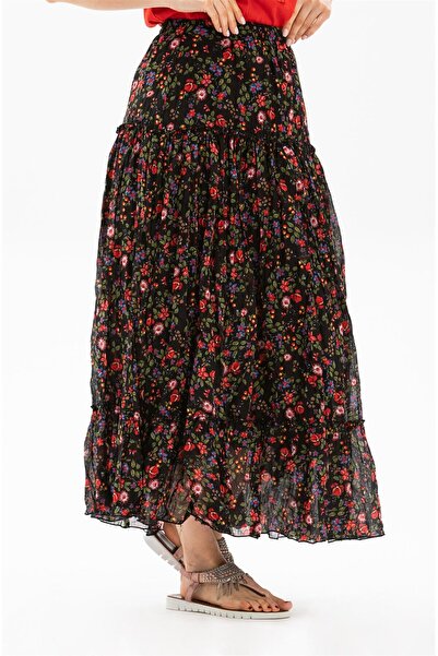 Eliş Şile Bezi Buse Voile Long Summer Skirt Bud Pattern Black 6162