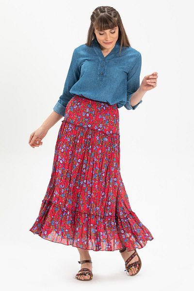 Eliş Şile Bezi Buse Voile Long Summer Skirt Bud Pattern Red 6164