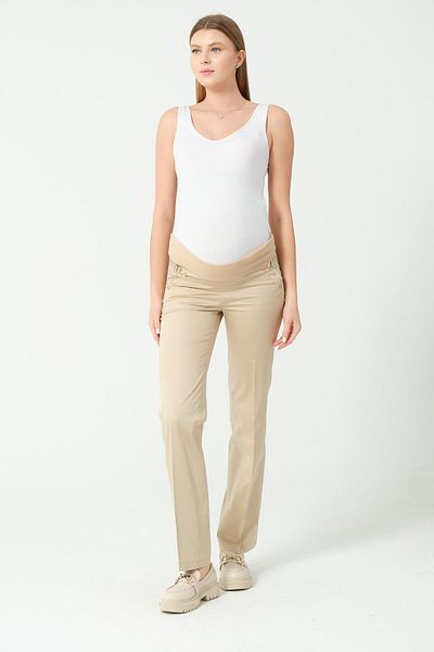 BUSA Maternity Waist Adjustable Wide Leg Gabardine Trousers Beige