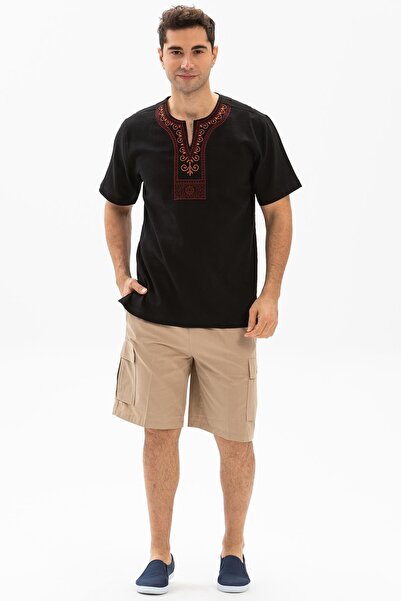 Eliş Şile Bezi Ανδρικό καλοκαιρινό μπλουζάκι με κοντό μανίκι Crew Neck Ethnic Μαύρο