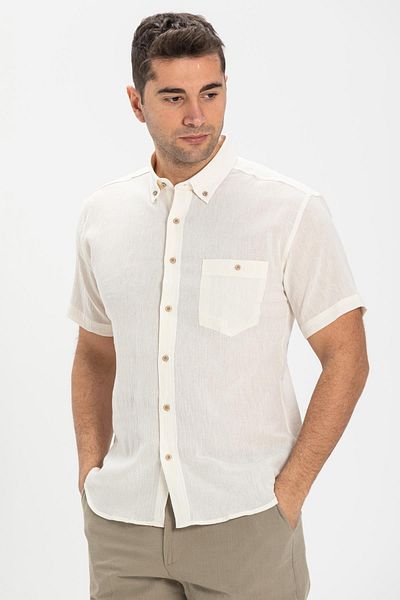 Eliş Şile Bezi Κοντό μανίκι Slim Fit Sile Πανί Μονή Τσέπη Ανδρικό Καλοκαιρινό Πουκάμισο Κρέμα 3002