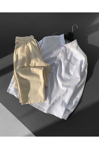 NO1 KONSEPT Σετ παντελόνι κρεμ λευκό πουκάμισο Oversize