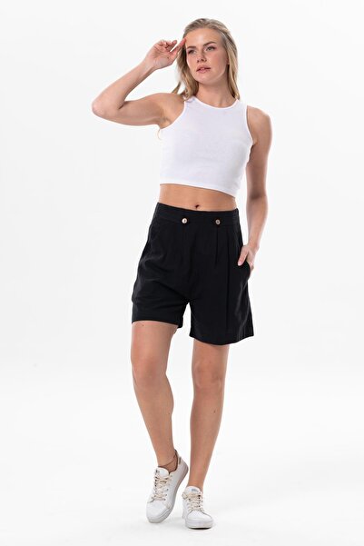 Eliş Şile Bezi Bitez Linen Buttoned Summer Shorts Black Black