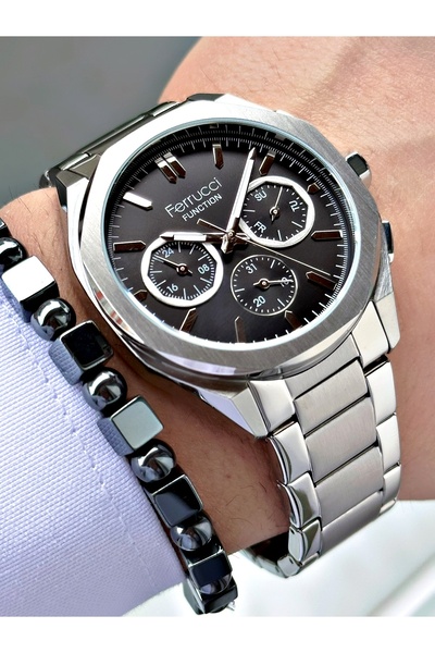 Ferrucci FERRUCCİ FUNCTION SİYAH KADRANLI GÜMÜŞ METAL ERKEK KOL SAATİ