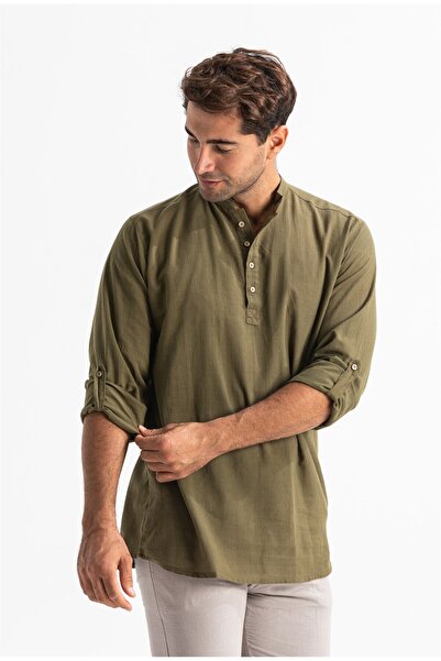 Eliş Şile Bezi Ανδρικό καλοκαιρινό μπλουζάκι με μακρύ μανίκι από βαμβακερό ύφασμα, μονόχρωμο χακί 9004