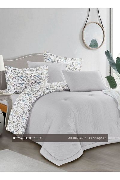 INREST 6-Piece Bedding Set – Includes King Comforter (230×250 cm) 100% Cotton in White and Light Gray